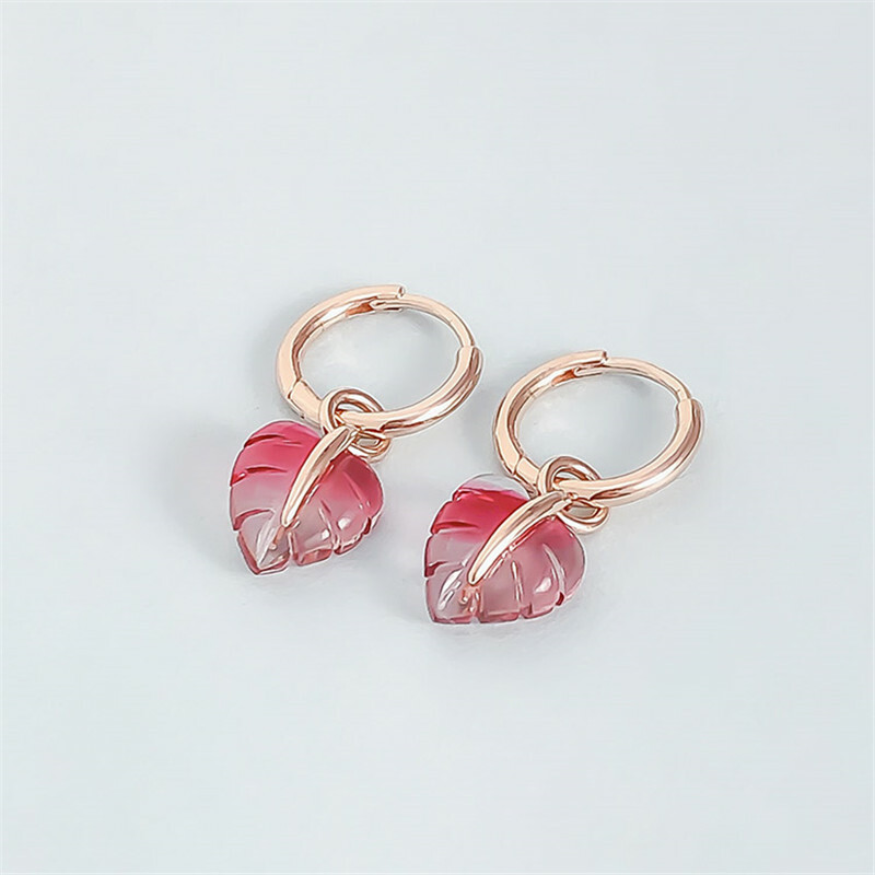 New 100% Authentic 925 Sterling Silver Pink Murano Glass Leaf Hoops