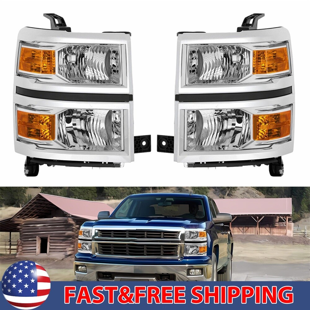 For Chevy Silverado 1500 2014-15 Chrome & Amber Headlights Assemblies US