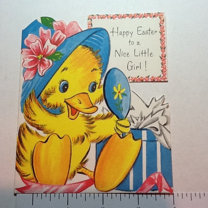 #B746- Vintage Easter Greeting Card Die Cut Yellow Duck With Blue Bonnet