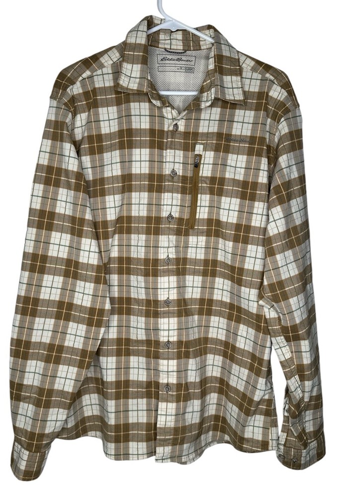 Eddie Bauer Mens Slim Fit Plaid Flannel Shirt Tan Long Sleeve Size TL