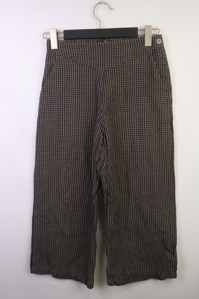 GUDRUN SJODEN Check Cotton / Linen Wide Leg Dress Pants Size S W30
