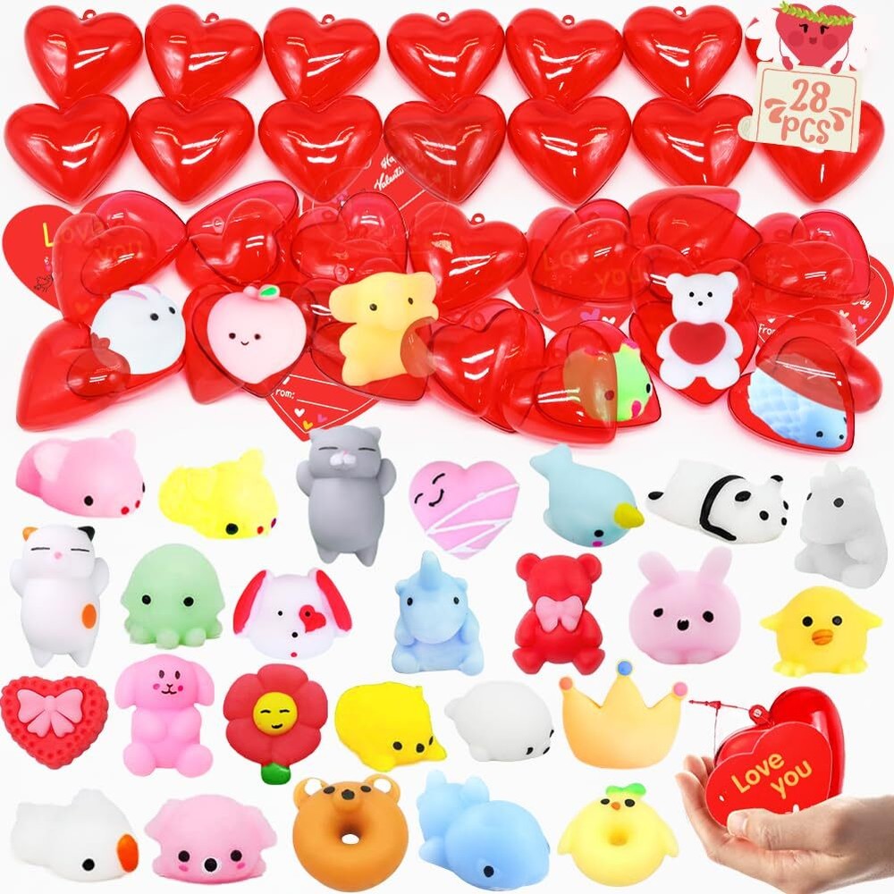 Valentines Party Favors Set, 28 Pcs Mochi Squishies Toys Filled Hearts and Va...