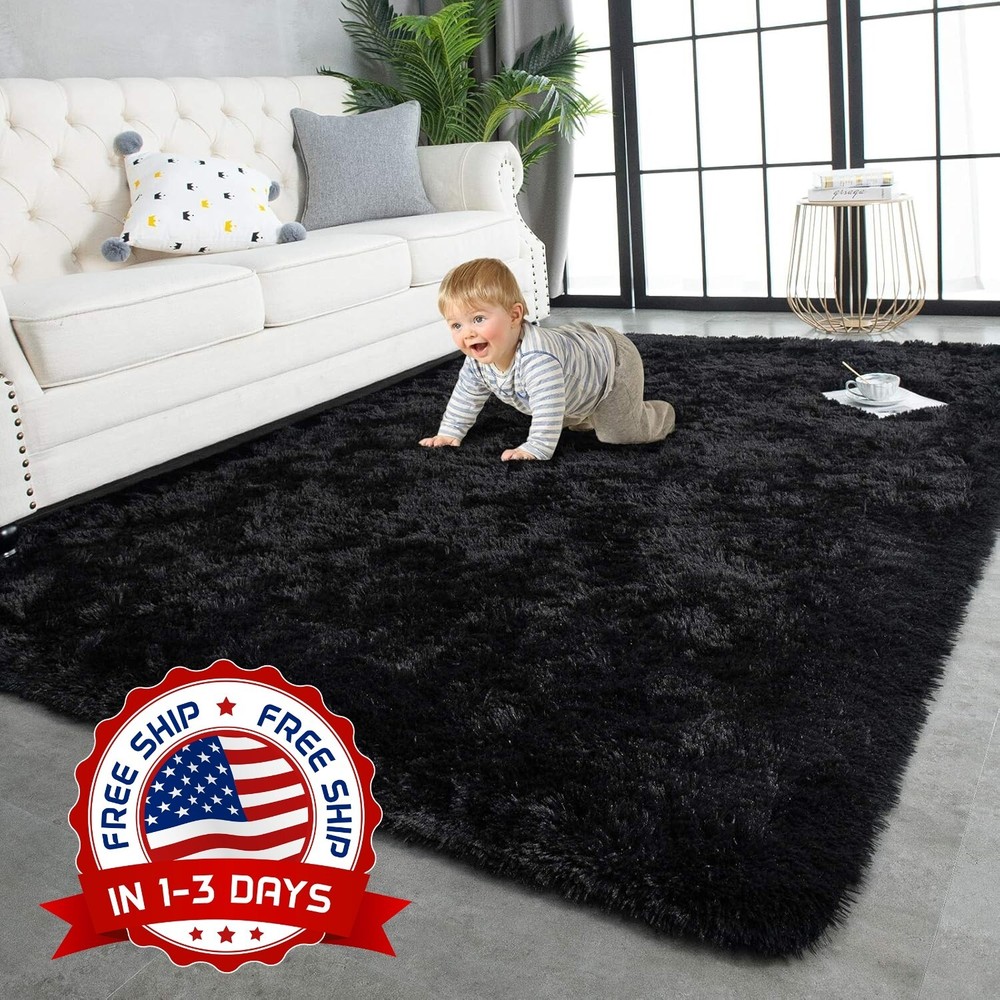 Modern 9ft Black Area Rug 4x5 for Living Room or Bedroom NEW