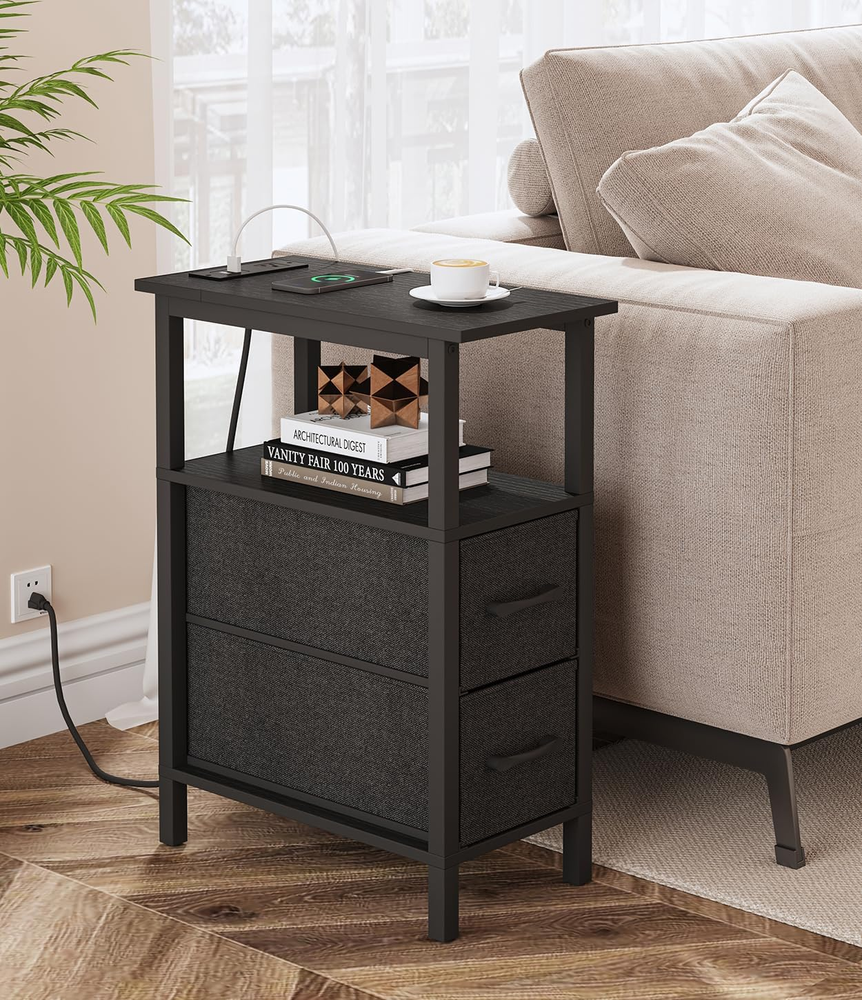 Narrow Side Table for Small Spaces, Skinny End Table with Charging Station, S...