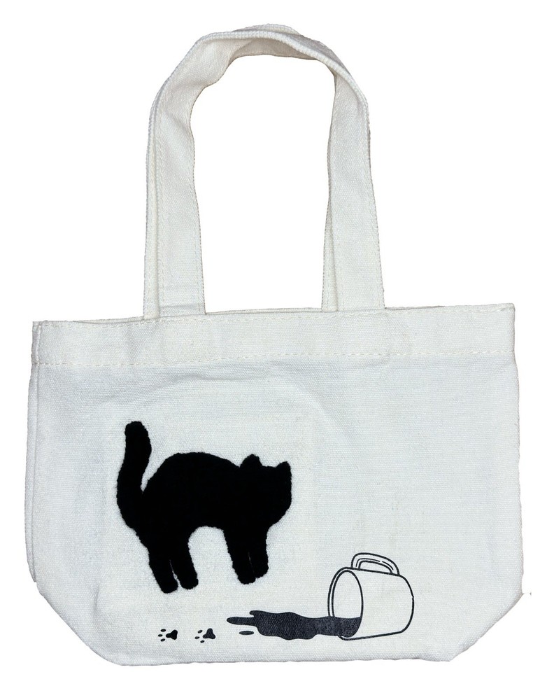 Luxury Handmade Cashmere Embroidered Black Coffee Cat Mini Canvas Tote Bag