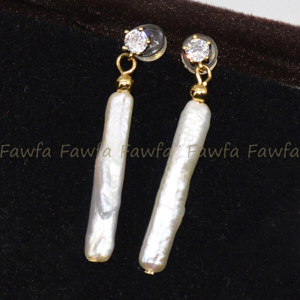 Natural 5x25mm White Baroque Toothpick Freshwater Pearl Dangle Gold Stud Earring