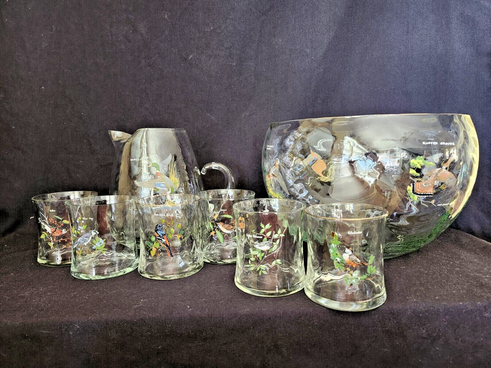 RARE Ned Smith Water Fowl PUNCH BOWL SIX  22K Gold Trimmed Glasses, & Pitcher