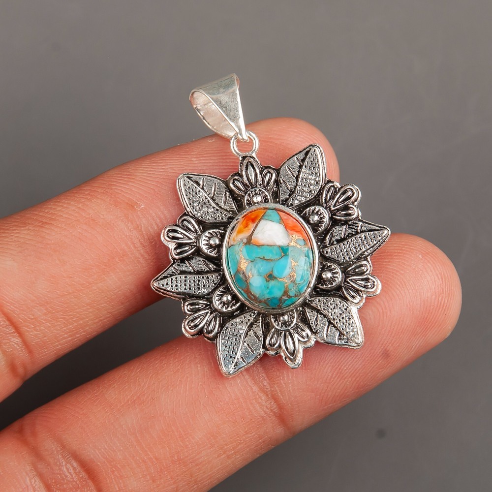 Birthday Gift For Her Natural Spiny Oyster Gemstone Pendant Vintage 925 Silver