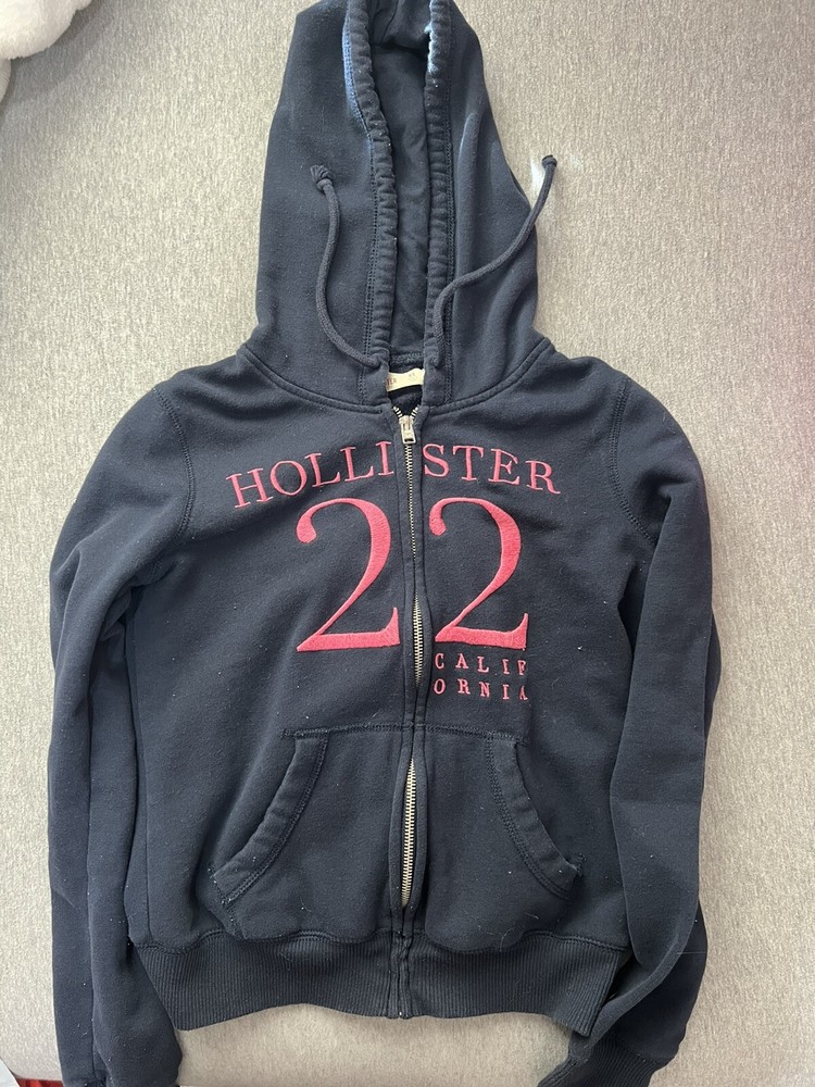 Hollister ZipUp Hoodie with Pockets in Navy Blue with Pink Wording Size X-Small