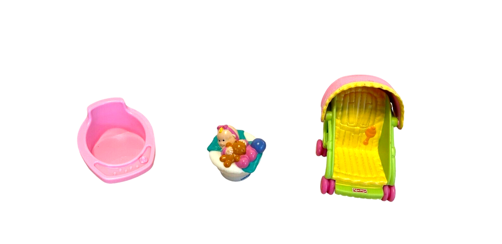 Fisher Price furniture figure 3 pcs baby in basket highchair, stroller nursery