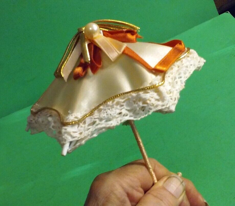 Vintage Doll Umbrella Parasol with Delicate Lace Wire and Ribbon Details