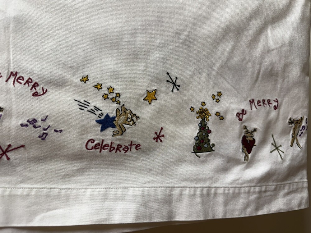 Pottery Barn Embroidered Reindeer Cotton Tablecloth 72”x108” Christmas