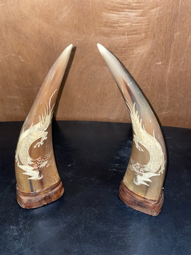 Vintage Detailed Pair Carved Asian Water Buffalo Horns Dragon/Lizard 17”
