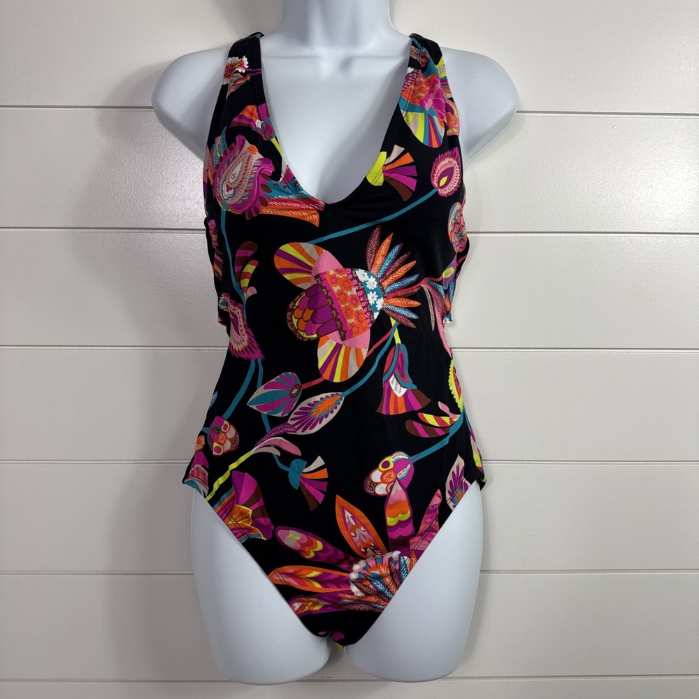 NWT Trina Turk Luminary Cross Back V-Neck One Piece Swimsuit Black Floral sz 12