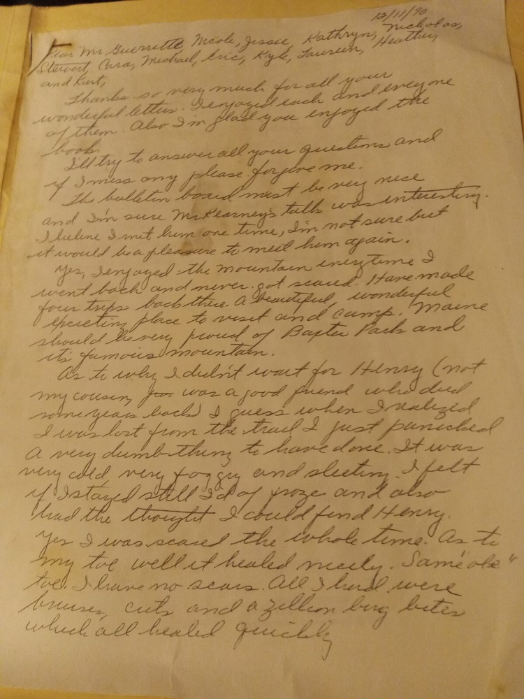 A Letter from Donn Fendler to Bill Guerette & Class December 11 1990