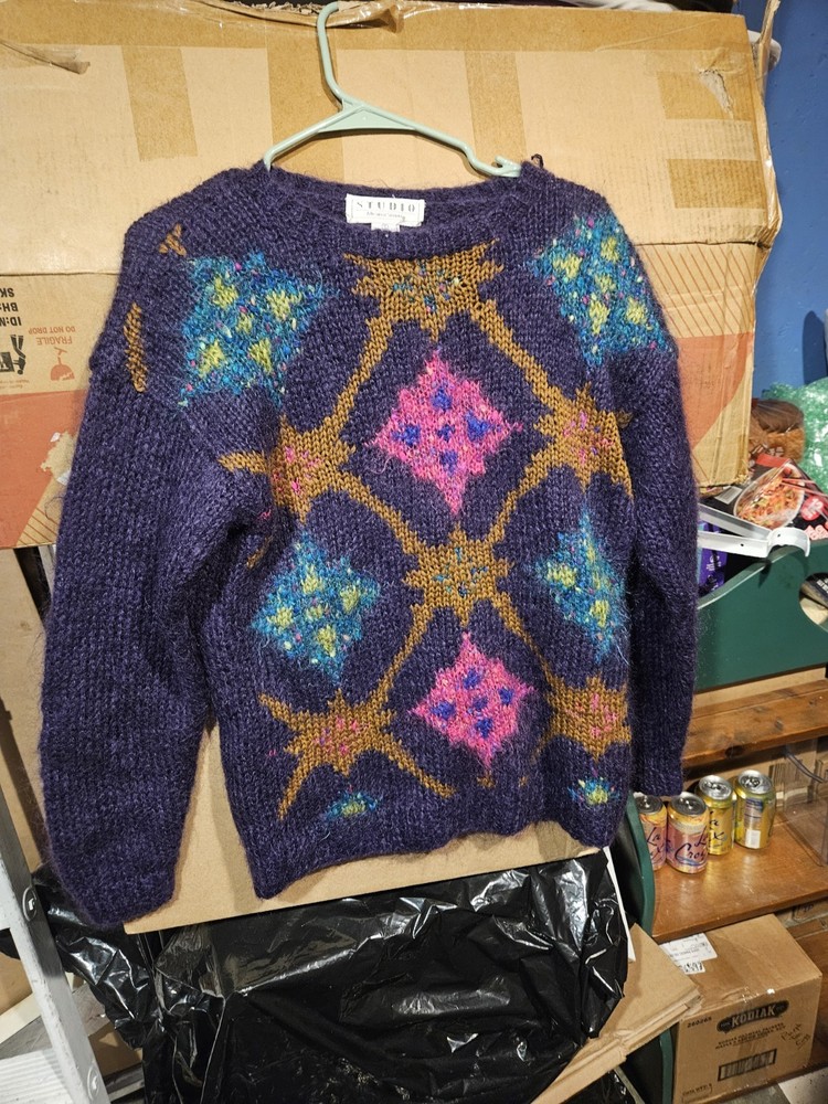 Studio Michelle Stuart Hand Knit Wool Blend Purple Holiday Sweater Size Small