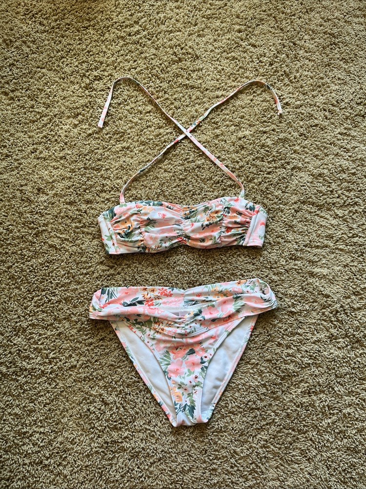 White Floral Bikini with Removable Straps & Gold Hardware - Size Medium