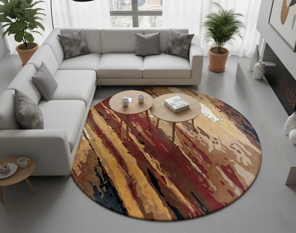 Round Abstract Handtufted Wool Rug Modern Art Inspired Area Carpet Custom Rug