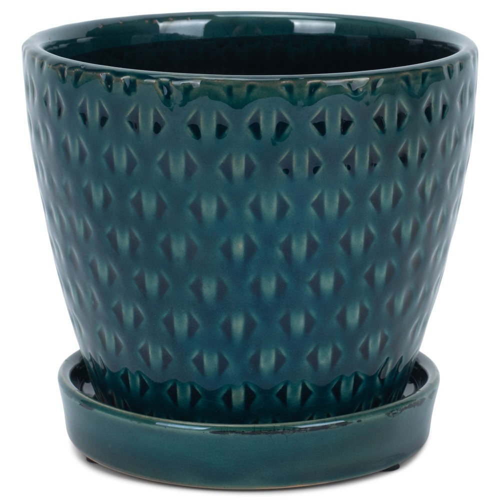 Teal Ceramic Pot with Reactive Glaze for Indoor Plants Planter with Saucer, 4...