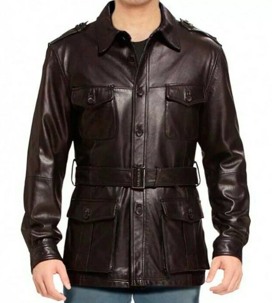 \Men's Brown Leather 100% Pure Lambskin Long Overcoat Trench Coat Winter Wear
