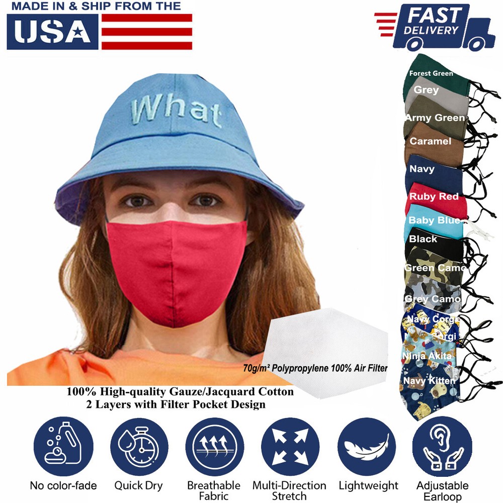 Cloth Face Mask Reusable 3D 100% Cotton Washable Adjustable Unisex Made-in-USA