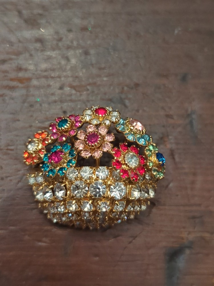 Bauer Basket Brooch Clear Prong Set & Multi-Colored Flowers Brooch Dorothy Bauer