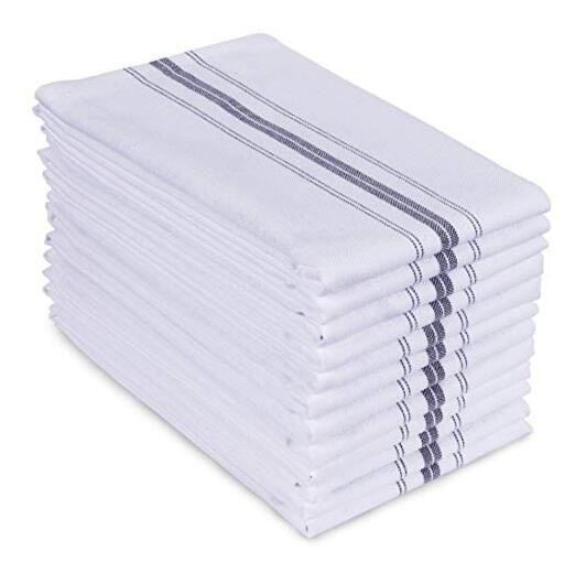 Premium 12-Pack White Cotton Kitchen Towels with Farmhouse Charcoal Stripes