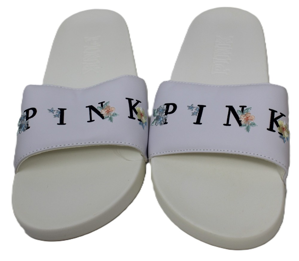 Victoria's Secret Women's Pink Sandals White Flowers L Large Sliders Brand New
