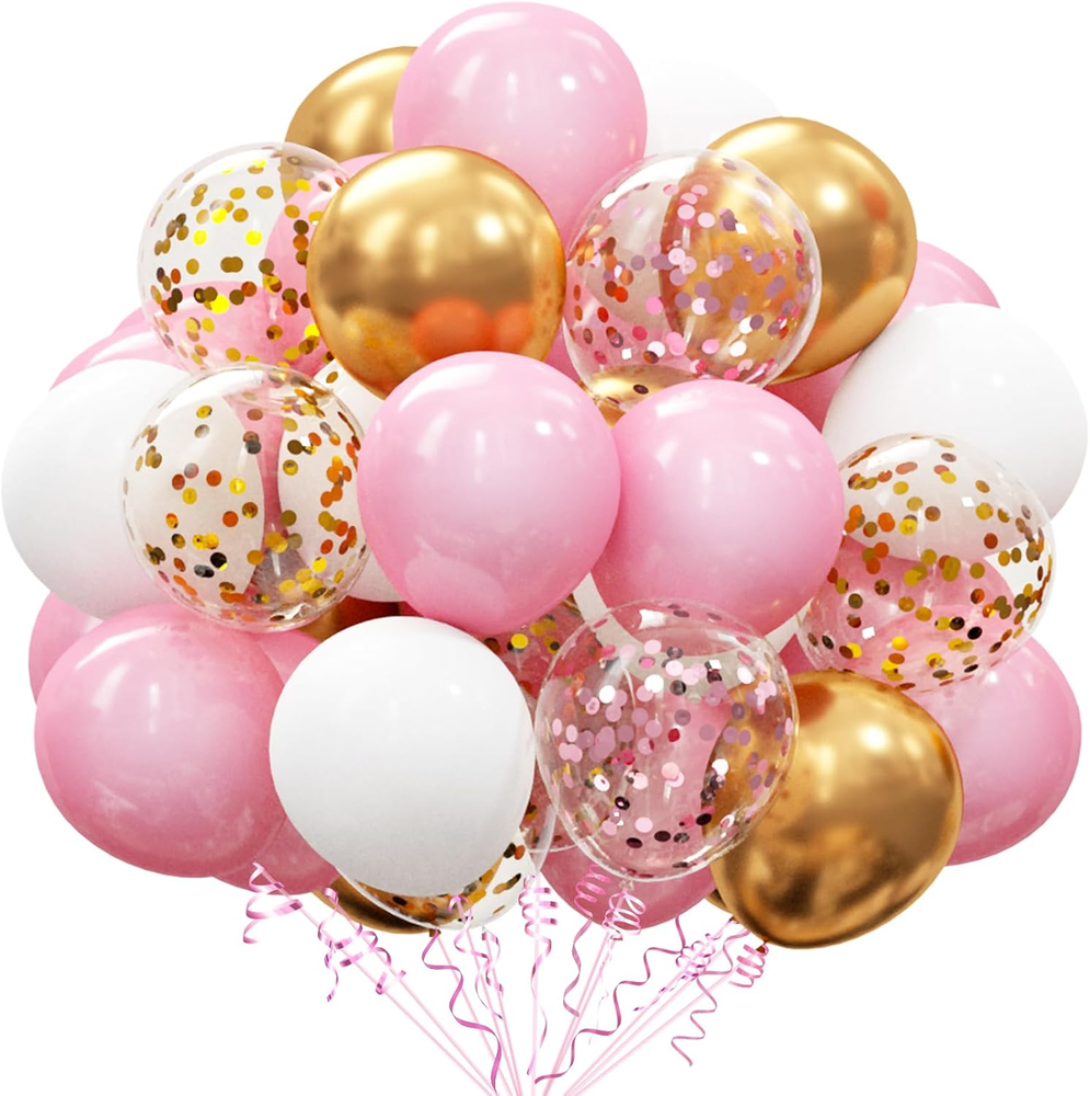 60Pcs Pink Gold Confetti Latex Balloons Kit, 12 Inch Pink White Gold Helium Ball