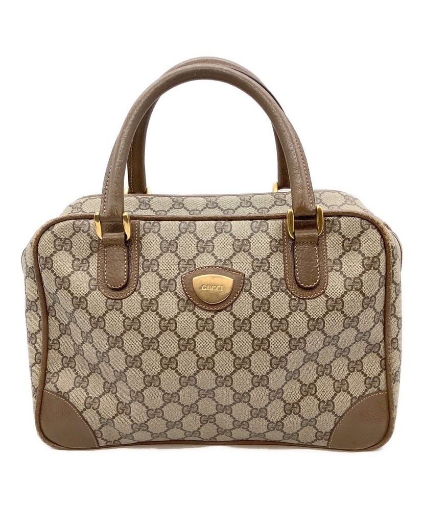 Gucci Vintage GG Supreme Beige Tote Bag with Gold Leather Trim 12.6x8.2x5 Inches