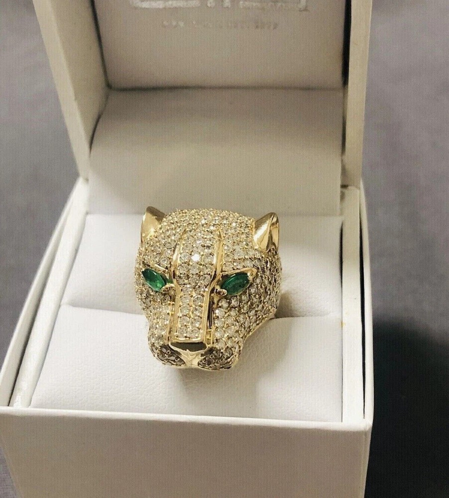2Ct Round & Oval Emerald Created Diamond Panther Men Ring 14K Yellow Gold Plated