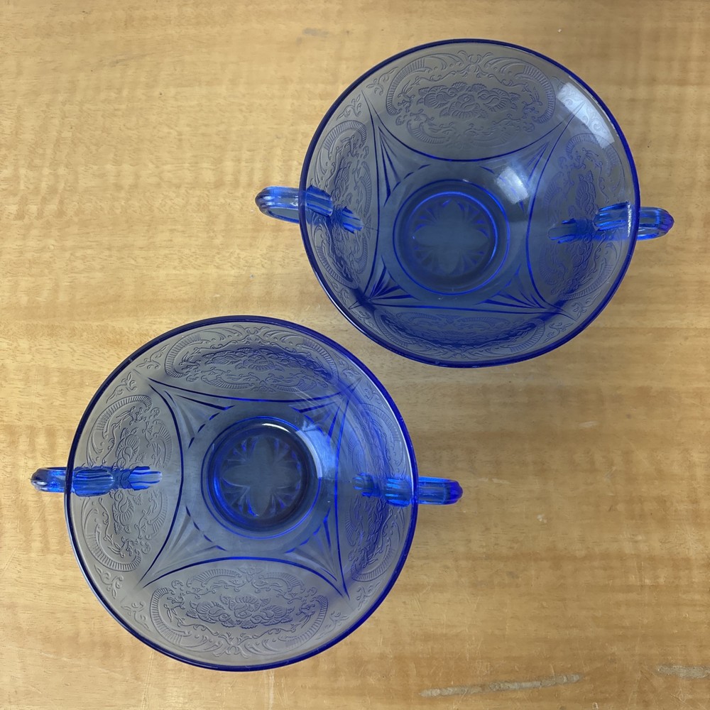 VTG Cobalt Blue Double Handled Candy / Tea Cup Royal Lace Hazel Atlas Set of 2