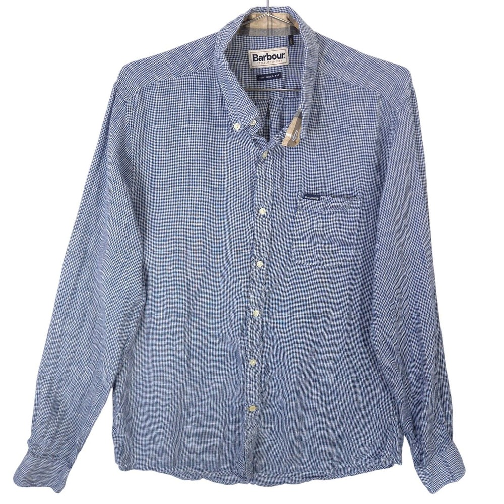 Barbour Shirt Mens M Blue Linton Tailored Fit 100% Linen Long Sleeve Button Up