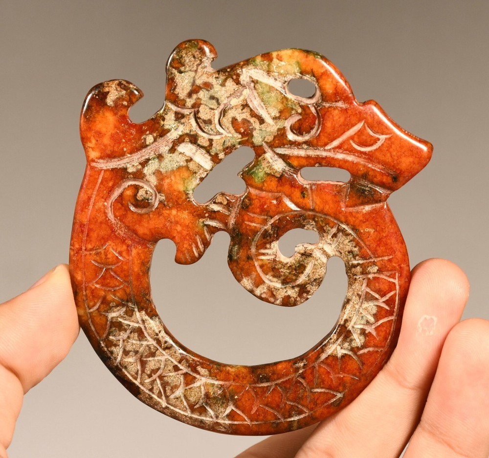 8.5CM China Hongshan Culture Old Jade Carved Dragon Beast Amulet Pendant