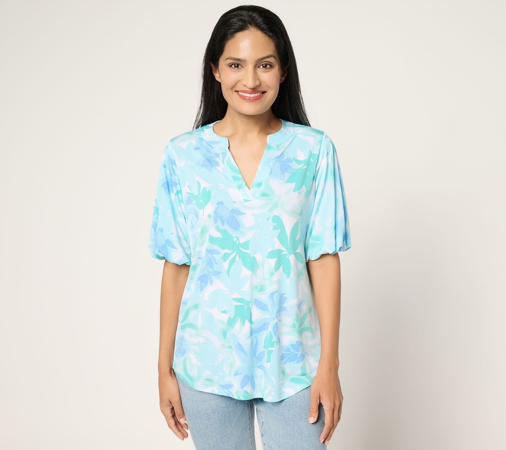 Susan Graver Women's Top Sz XS Printed Liquid Knit Split Multi-colored A692160