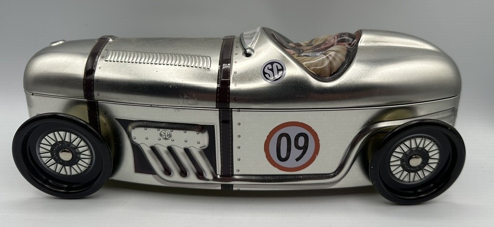 Silver Race Car Storage Chocolate Cookies Tin by Silver Crane Company 11”x4” Empty