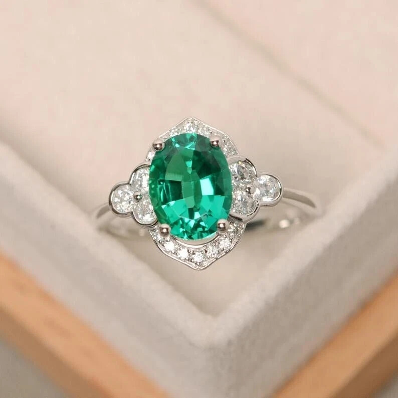 2.05 Ct Natural Emerald & Diamond Engagement Ring 14K White Gold Solid