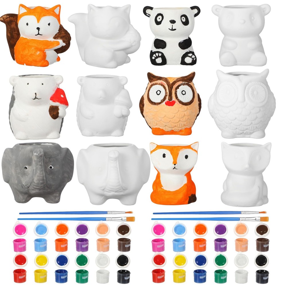 12 Sets DIY Ceramic Animal Succulent Pots Figurines Unpainted Ceramic Bisque ...