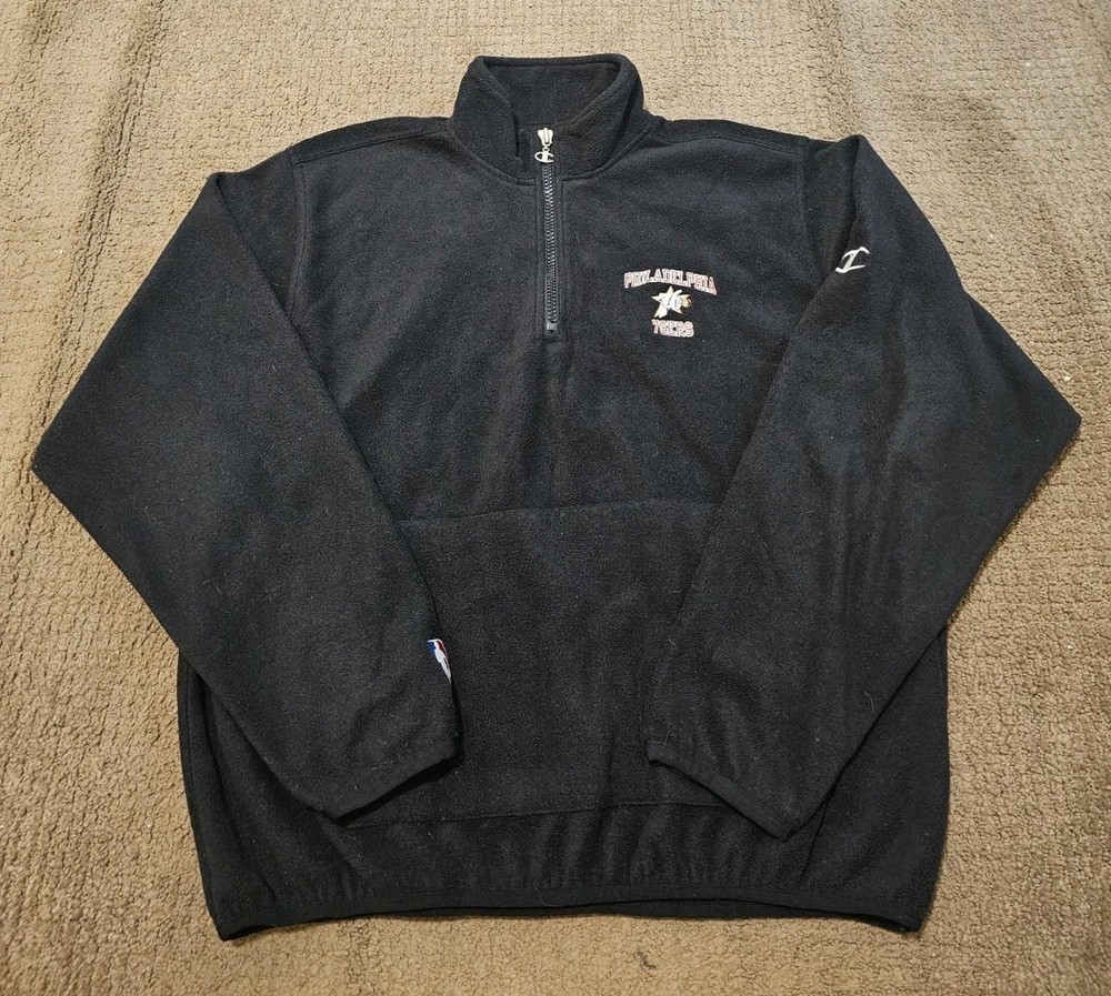 VTG Champion 2000s Y2K PHILADELPHIA 76ERS Men's Black Quarter Zip FLEECE - Large