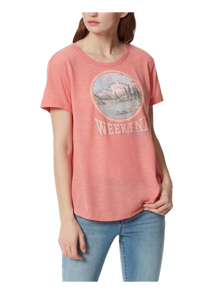 Frayed Jeans Womens Pink Graphic Short Sleeve Crew Neck Tee Size M
