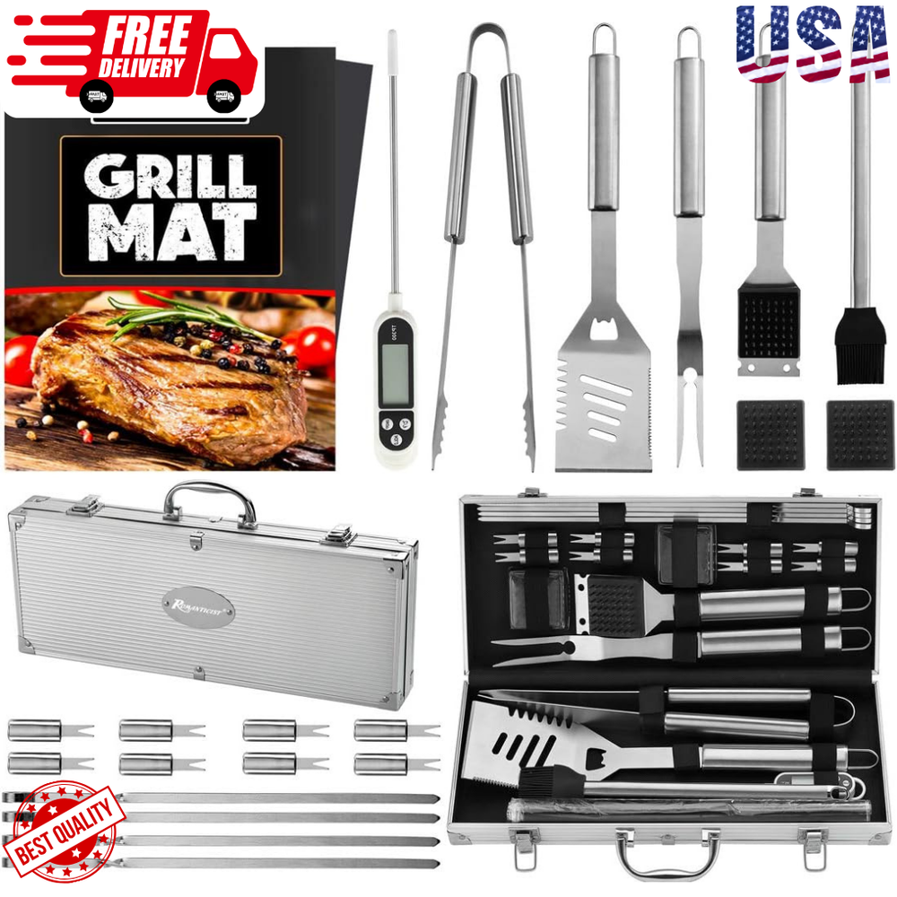 23pc Must-Have BBQ Grill Accessories Set with Thermometer in Case - Stainless St