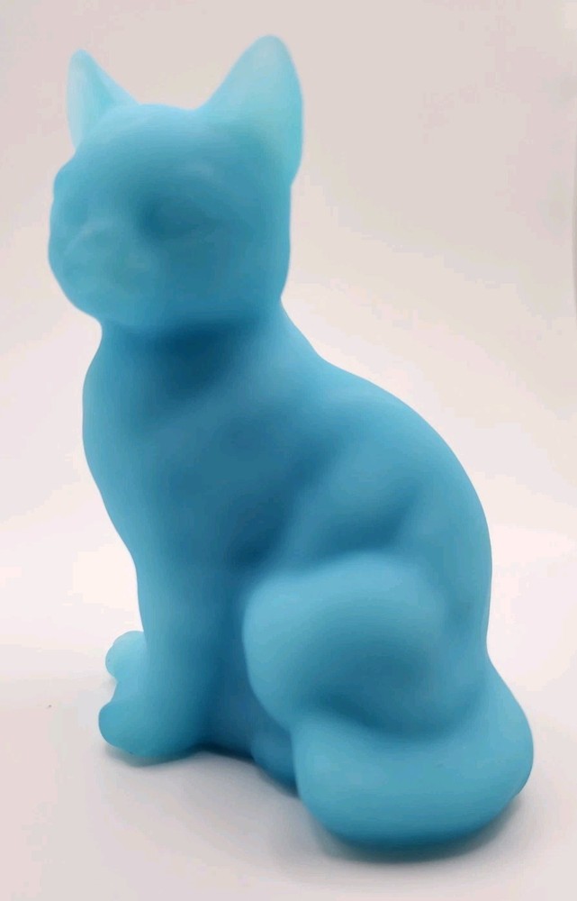 Vintage Fenton Satin Blue Glass Cat Figurine Paperweight Stylized Design
