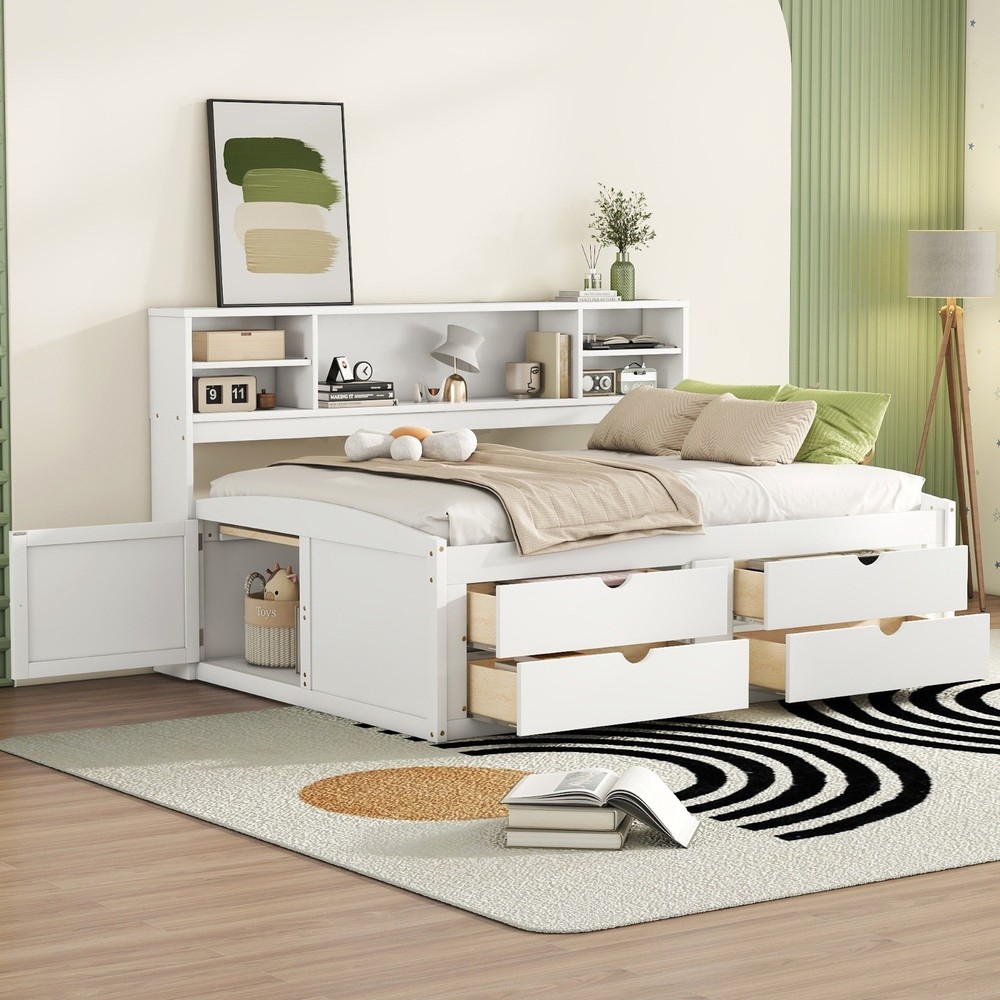 Full Size White Wood Daybed with 2 Cabinets Shelves and 4 Drawers-image