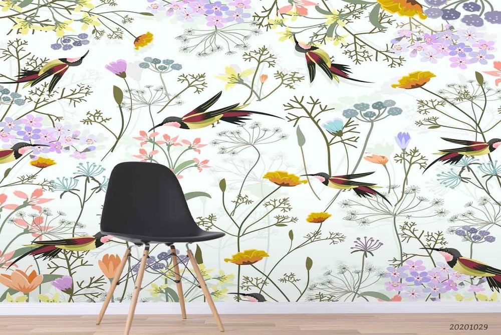 3D Flowers Birds Watercolor Pattern Wall Murals Wallpaper Murals Wall Sticker