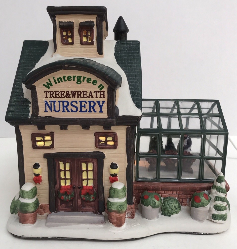 HOLIDAY TIME Christmas Village Wintergreen Tree and Wreath Nursery Greenhouse Set  