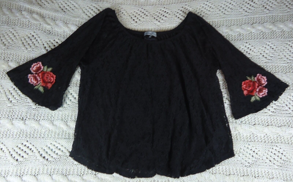 Absolutely Famous Women's 3X Black Lacey Blouse Bell Sleeves Floral Embroidery
