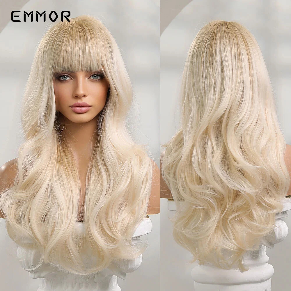Long Wavy Ombre Blonde Wig with Bangs Heat Resistant for Party & Daily Wear