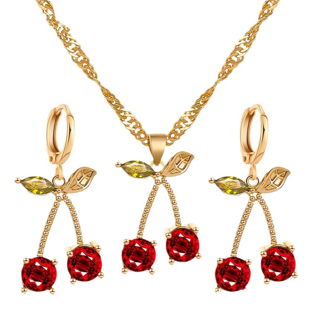 Gold Plated Red Cherry Crystal Dangle Earrings Necklace for Women Unique Summ...