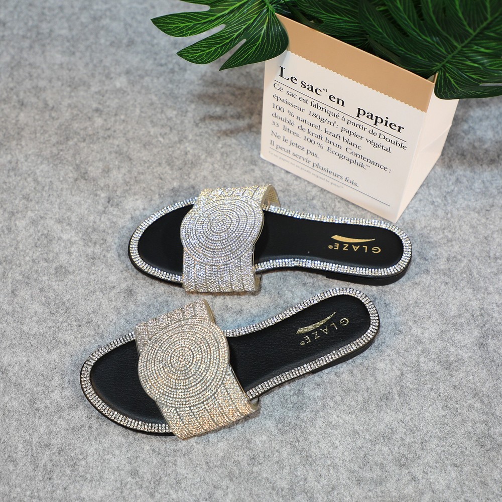 Lurnyet Womens Rhinestone Crystal Slide Sandals Comfortable Summer Slip On Flats  