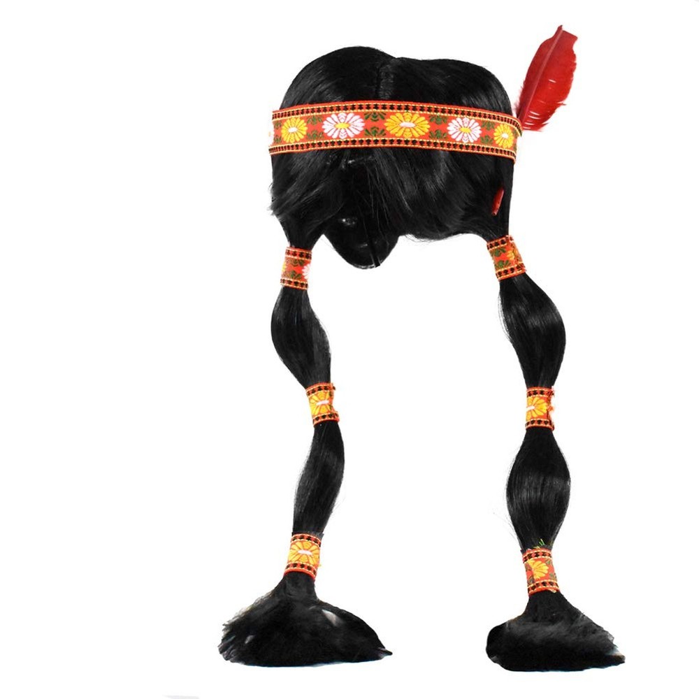 Native American Indian Womens Maiden Braided Wig with Feather Headband Multicolor